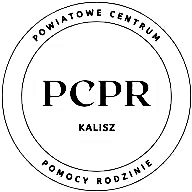 Logo Powiatowego Centrum Pomocy Rodzinie w Kaliszu przedstawia nazwę jednostki zapisaną w okręgu na białym tle.