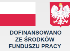 Grafika przedstawia informację o finansowaniu programu ze środków państwowego funduszu pracy. Na obrazie znajduje się flaga Polski oraz godło Polski na szarym tle.