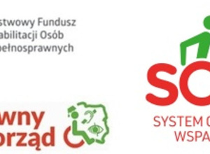 Trzy logotypy Państwowego Funduszu Osób Niepełnosprawnych, Systemu Wsparcia Obsługi, Aktywnego Samorządu na białym tle.