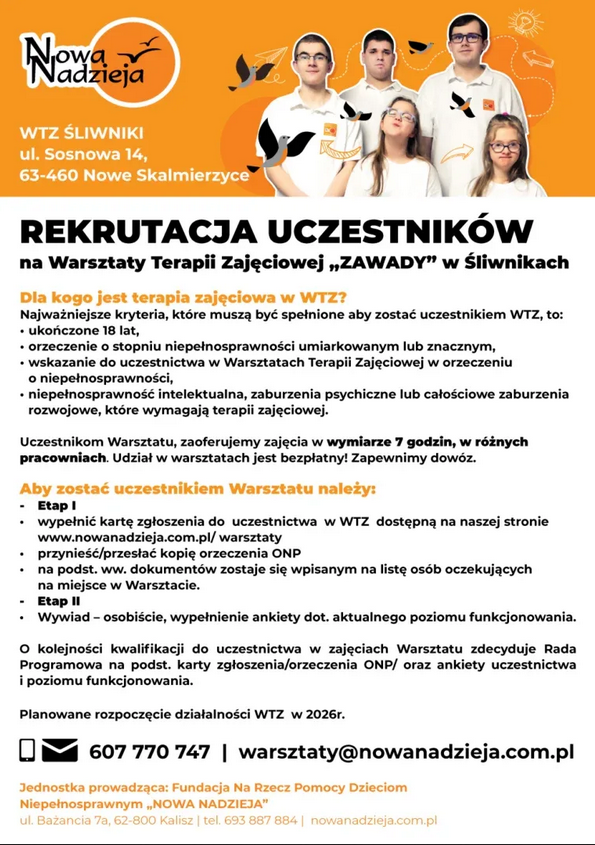 Plakat informacyjny o rekrutacji nowych Uczestników do Warsztatu Terapii Zajęćiowej w Śliwnikach.