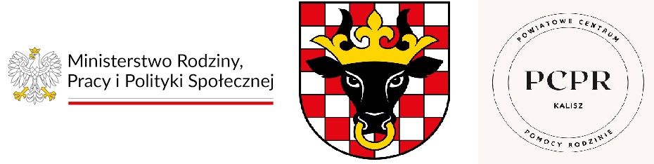 Na obrazie znajdują się trzy znaki graficzne, logo Ministerstwa Rodziny, Pracy i Polityki Społecznej, herb Powiatu Kaliskiego oraz logo Powiatowego Centrum Pomocy Rodzinie w Kaliszu. Wszystkie logotypy są umieszczone obok siebie na jasnym tle.