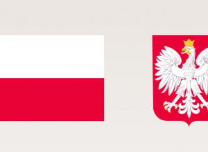 Grafika przedstawia flagę oraz godło Polski na różowym tle.